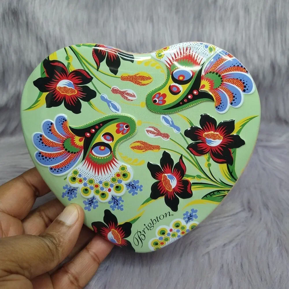 Brighton Peacock Floral Heart Shaped Tin Jewelry Box Trinket Dish Gift Box Decor
